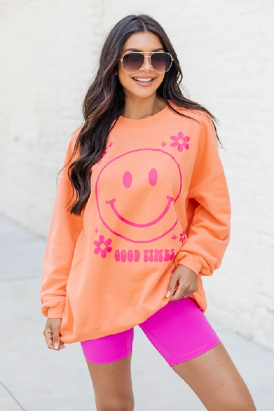 Good Times Smiley Coral Oversized Graphic Sweatshirt