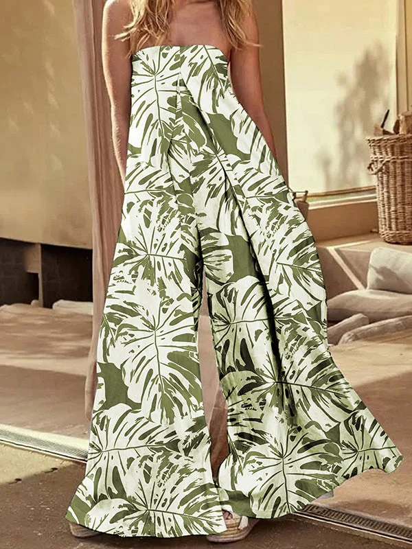 Leaves Print Pleated Pockets Tube Jumpsuits Sleeveless