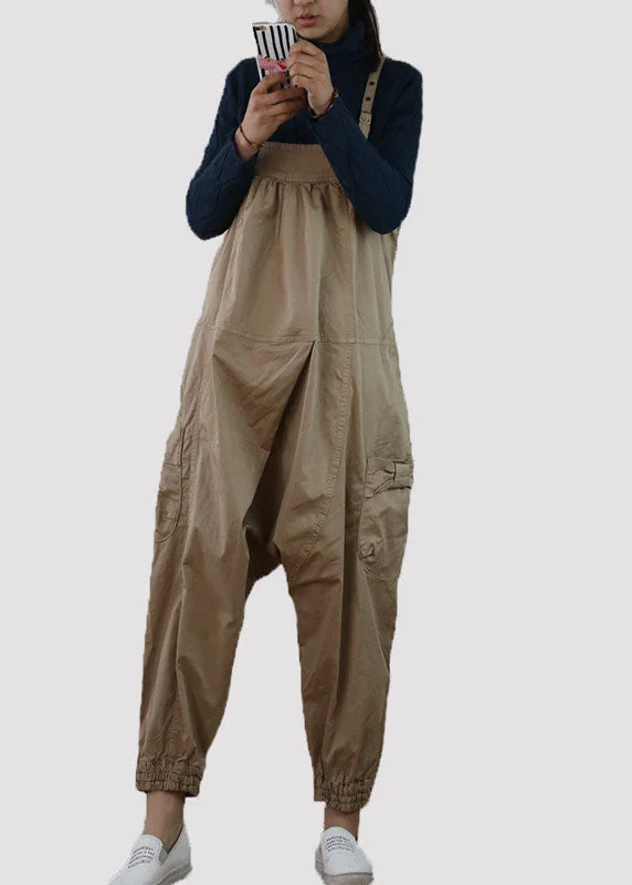 Classy Khaki Oversized Pockets Cotton Jumpsuits Spring