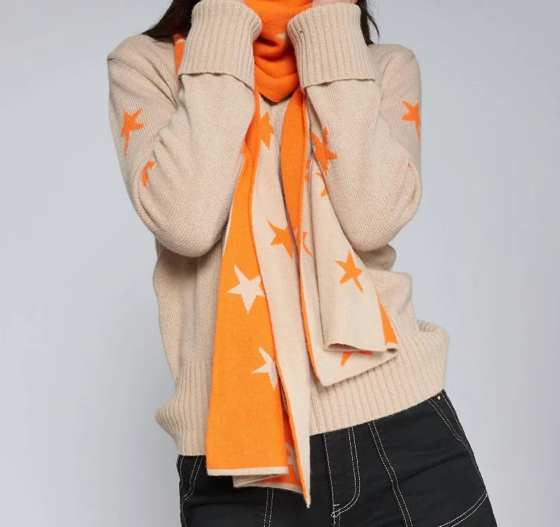 Star Scarf In Beige With Orange Stars