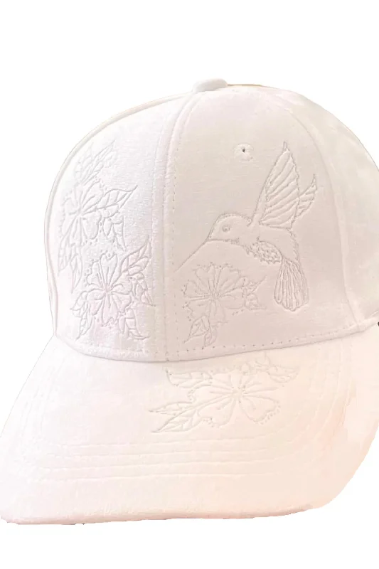 Women's Bird + Floral Burn Art On Vegan Suede Ball Cap In White