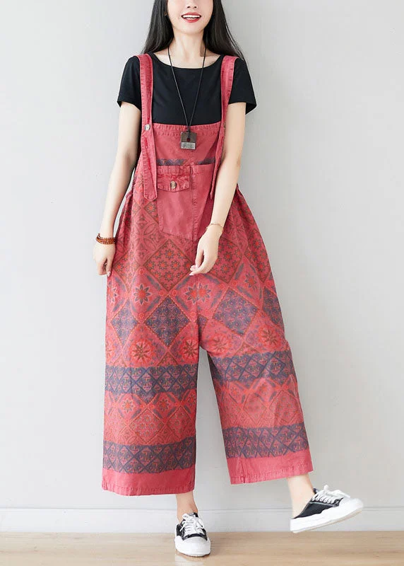 Red Print Cotton Jumpsuit Wide Leg Pants Oversized Spring