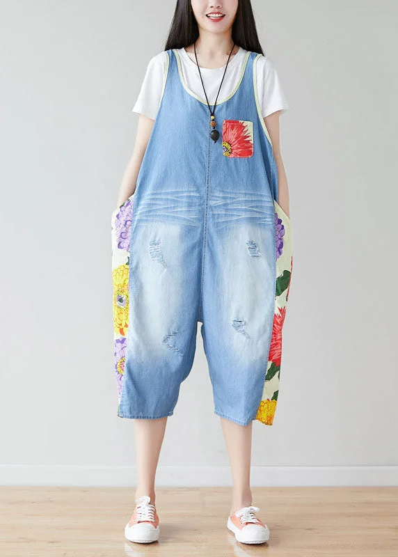 Bohemian Light Blue Oversized Patchwork Print Cotton Denim Jumpsuits Summer