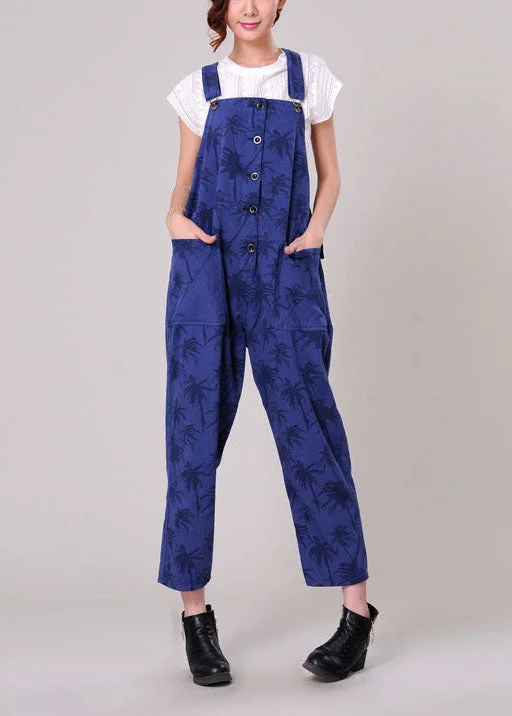 Simple Blue Oversized Maple Leaves Print Pockets Cotton Jumpsuits Spring