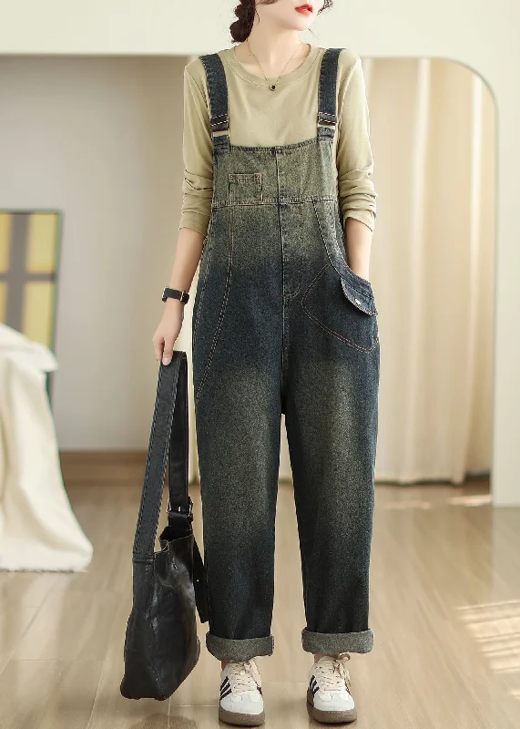 Vintage Slash Neck Pockets Patchwork Denim Jumpsuits Fall