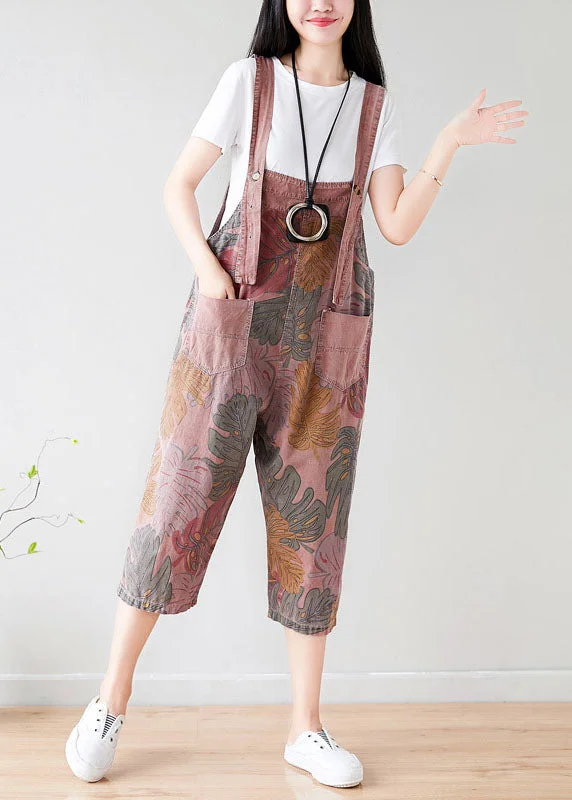 Fashion Brick Red Oversized Print Cotton Jumpsuit Spring