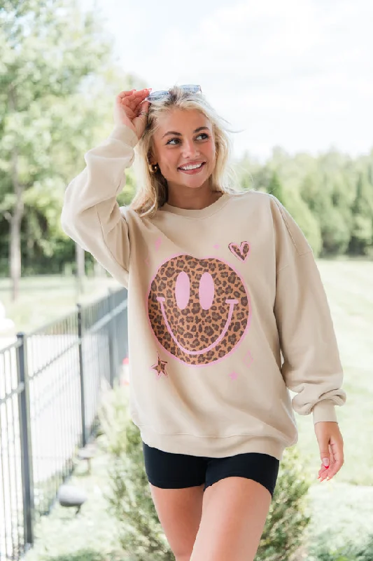 Leopard Smiley Face Cream Oversized Graphic Sweatshirt