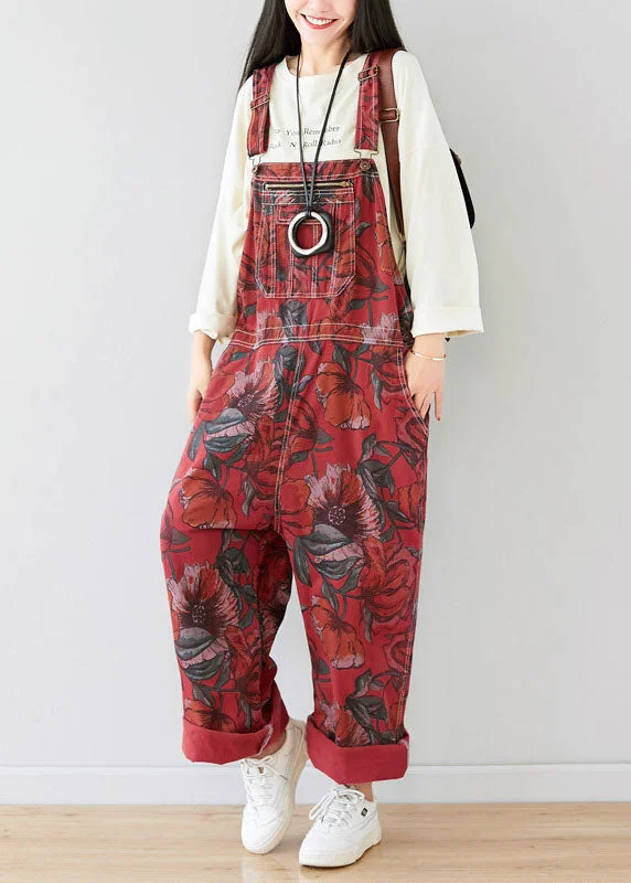 Classy Red Oversized Print Original Design Cotton Jumpsuit Spring