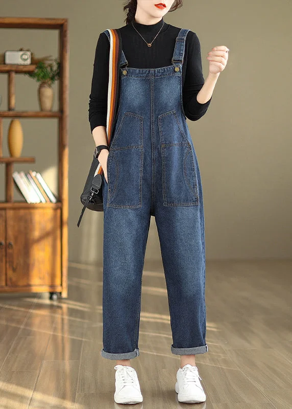 New Blue Button Pockets Patchwork Denim Jumpsuits Sleeveless