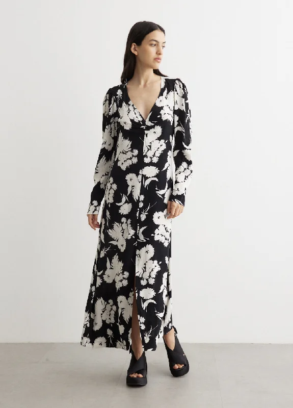 Printed Crepe V-Neck Dress