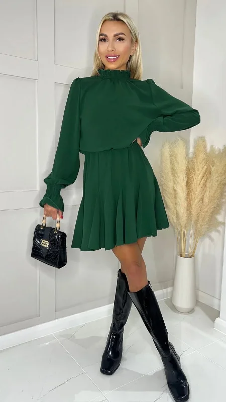 Usher Green High Neck Shirred Detail Skater Dress