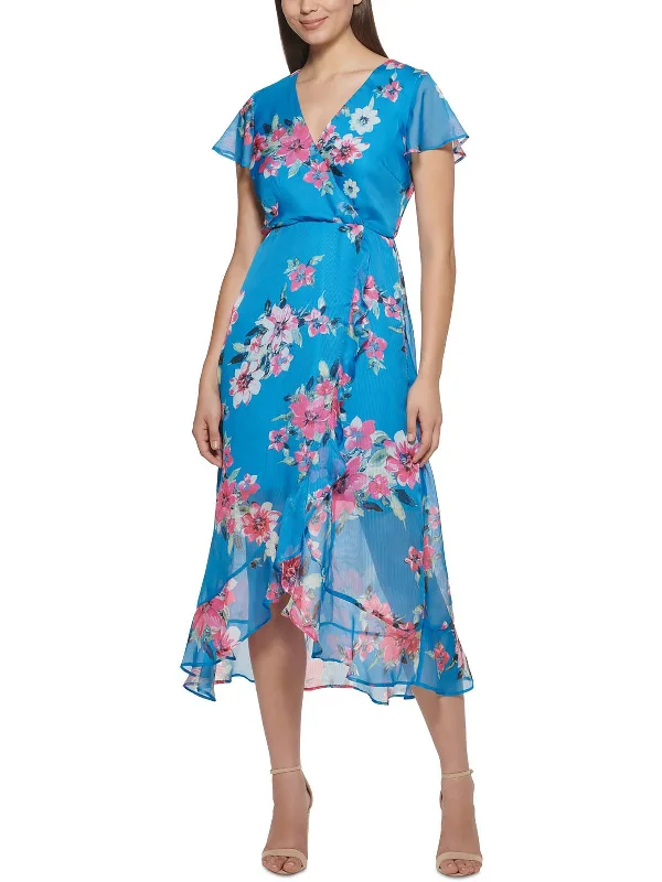 Womens Floral Chiffon V-Neck Midi Fit & Flare Dress