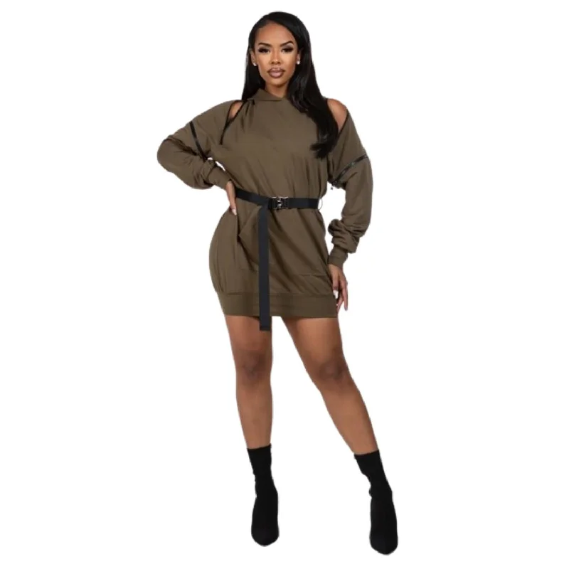 Double Zipper Long Sleeve Hooded Mini Dress