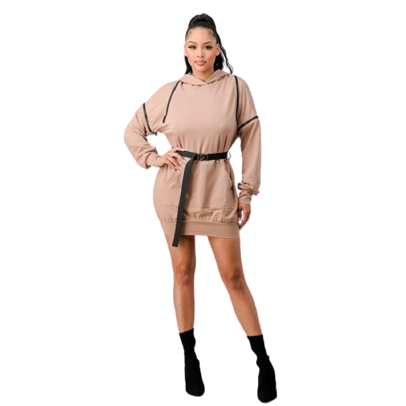 Double Zipper Long Sleeve Hooded Mini Dress