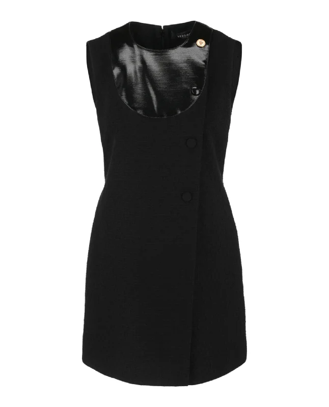 Medusa Sleeveless Button Black Tweed Mini Dress