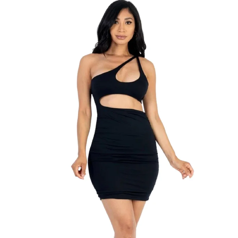 One Shoulder Cut-out Front Ruched Bodycon Mini Dress