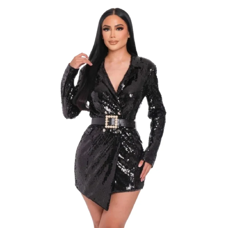 Pearl Belted Sequin Blazer Mini Dress