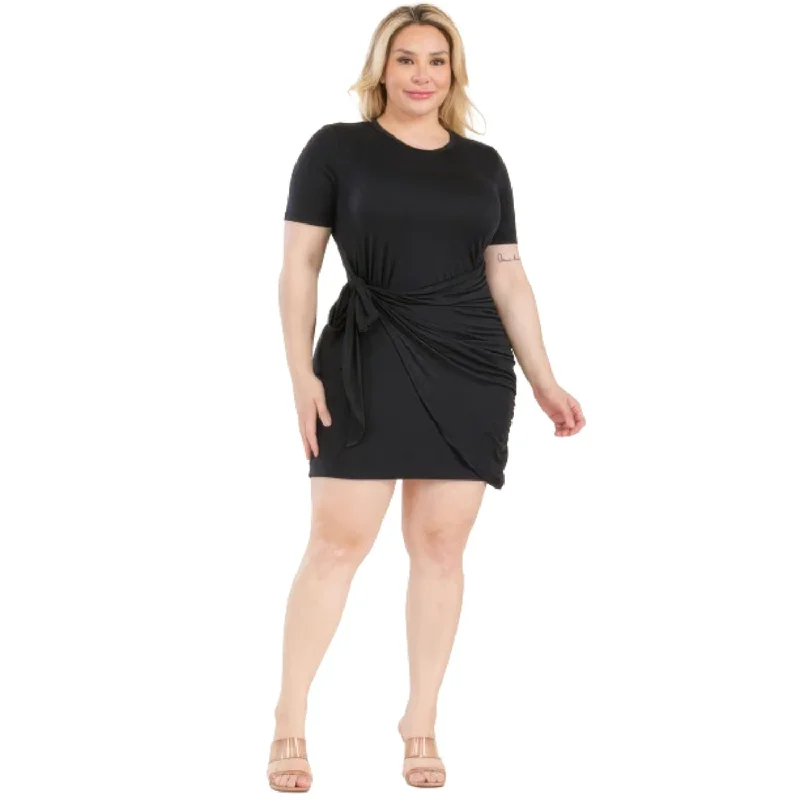 Plus Size Solid Wrap Front Tie Side Short Sleeve Mini Dress