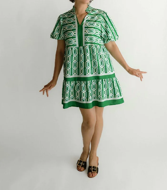 Puff Sleeve Pattern Mini Dress In Green