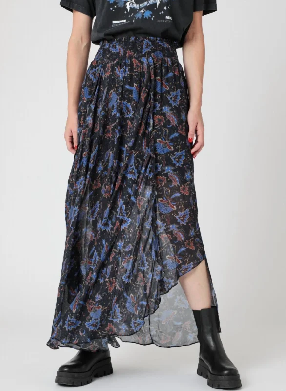 Smocked Cut Long Skirt In Black/blue Floral