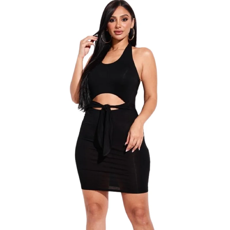 Solid Halter Neck Mini Dress With Front Cutout And Waist Tiw