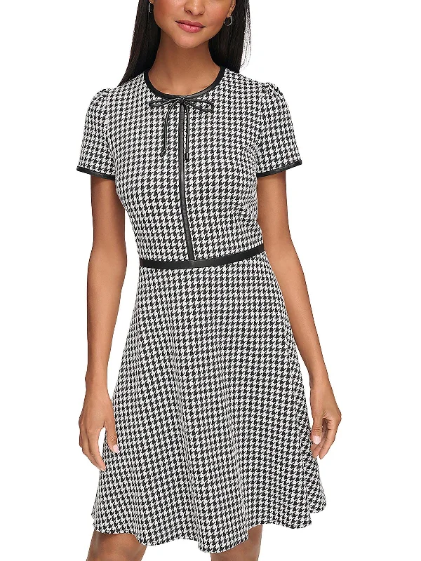 Womens Houndstooth Bow Neck Mini Dress