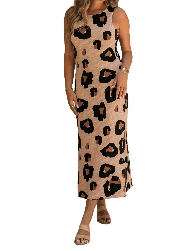 Leopard Sleeveless Maxi Dress In Tan Multi