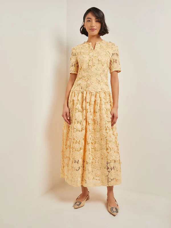 Maxi Pleated Drop Waist Dress - Floral Applique Woven