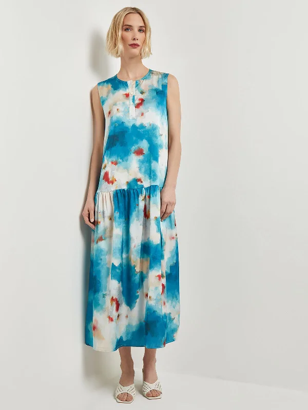 Watercolor Removable Shawl Collar Crepe Maxi Dress