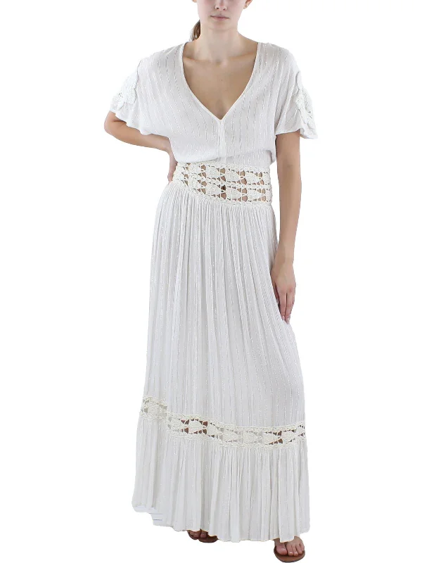 Womens Macrame Trim Metallic Maxi Dress