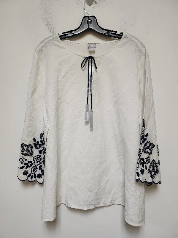 Top Long Sleeve By Chicos In White & Yellow, Size: 2x