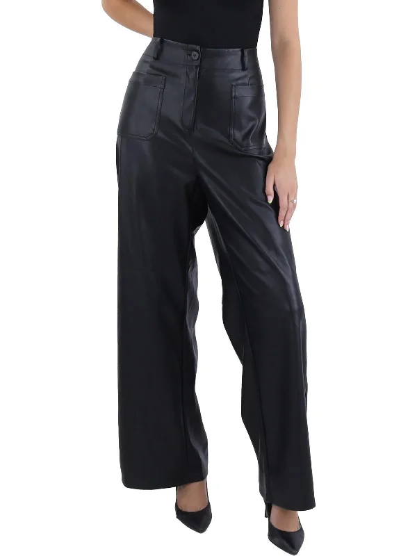 Reeve Womens Faux Leather High Rise Wide Leg Pants