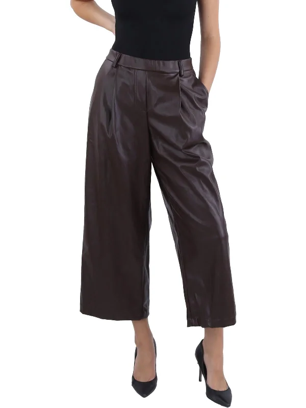 Womens Faux Leather High Rise Wide Leg Pants