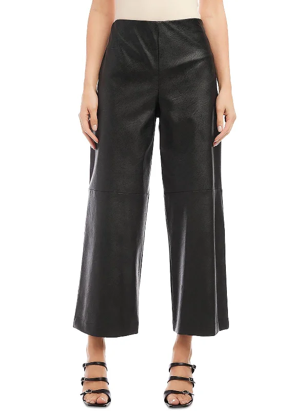 Womens Faux Leather High Rise Wide Leg Pants