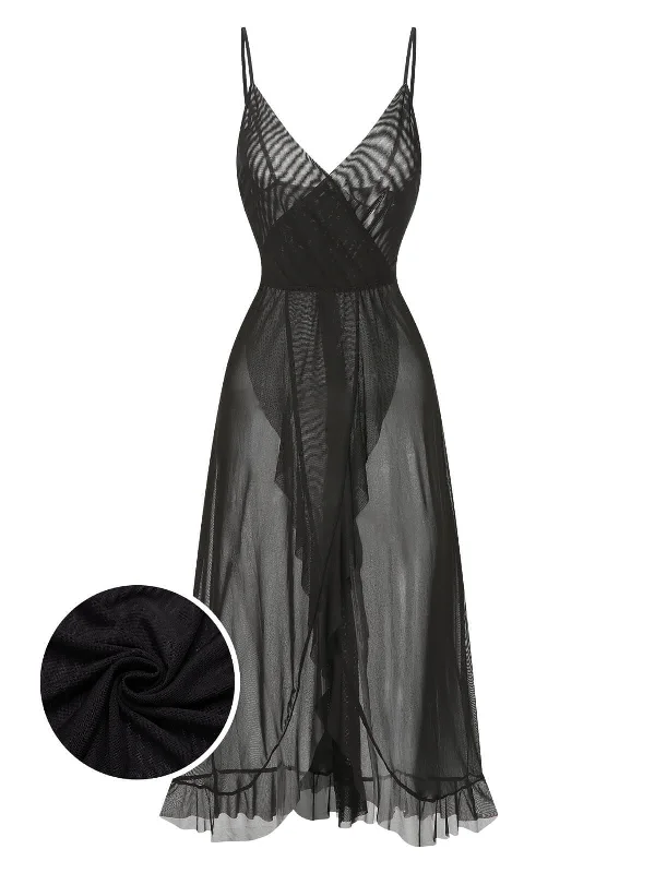 1930s Solid V-Neck Ruffle Sheer Nightgown