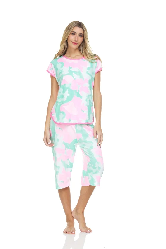 5041C Women Capri and Short Sleeve Top 2-Piece Female Pajamas Set