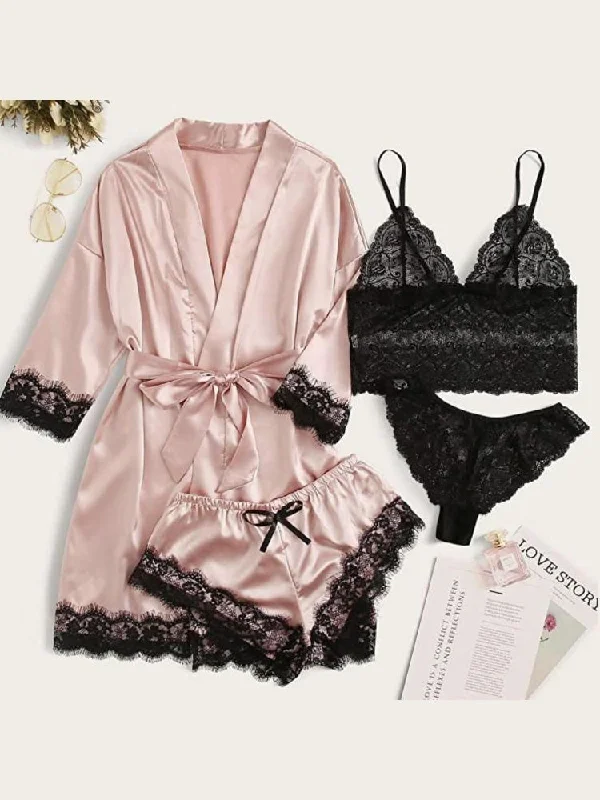 Pajamas 4-Piece Lace Nightgown Suspender Pajama Set for Women