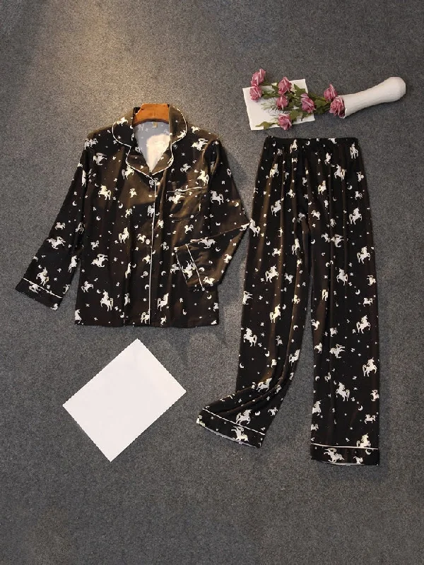 Pajamas Long Sleeve Trousers Acetate Silk Print Home Pajamas for Women