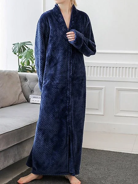 Pajamas Solid Zip Flannel Long Sleeve Nightdress for Women