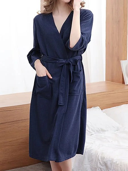 Pajamas Waffle Pocket Tie Long Sleeve Robe for Women