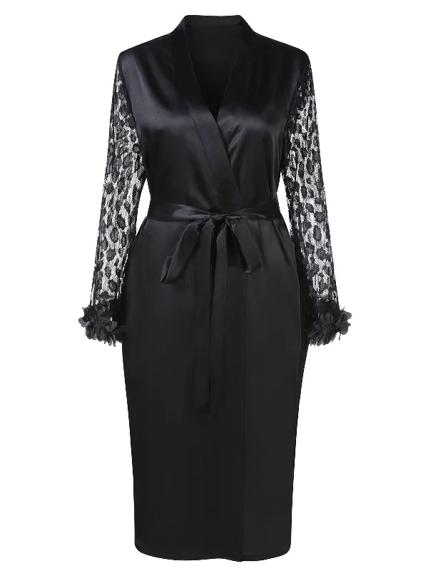 [Plus Size] Black 1950s Lace Belted Nightgowns