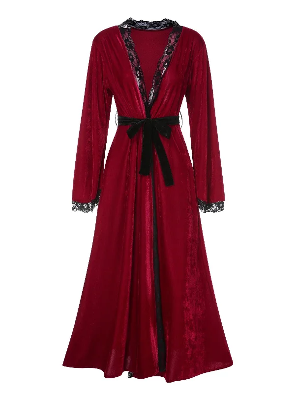 Wine Red 1950s Lace Patchwork Night Robe