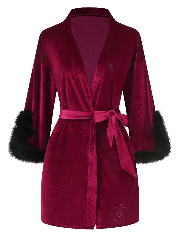 Wine Red 1960s Velvet Fur Lace-Up Sleepwear