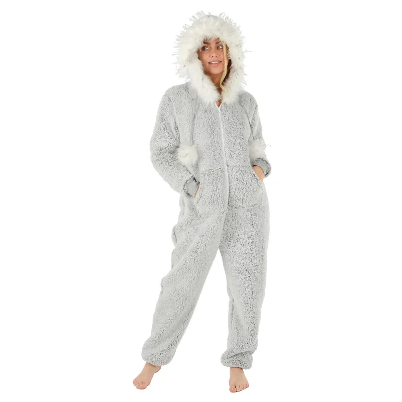 Womens All in One Pyjama Suit Faux Fur Hood Pom Poms Fleece