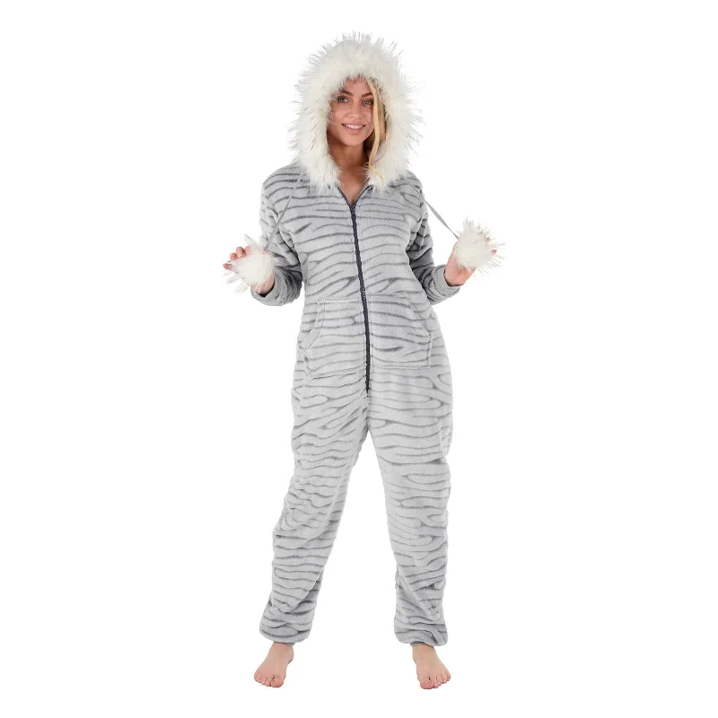 Womens All in One Pyjama Suit Zebra Print Grey Hooded Fleece