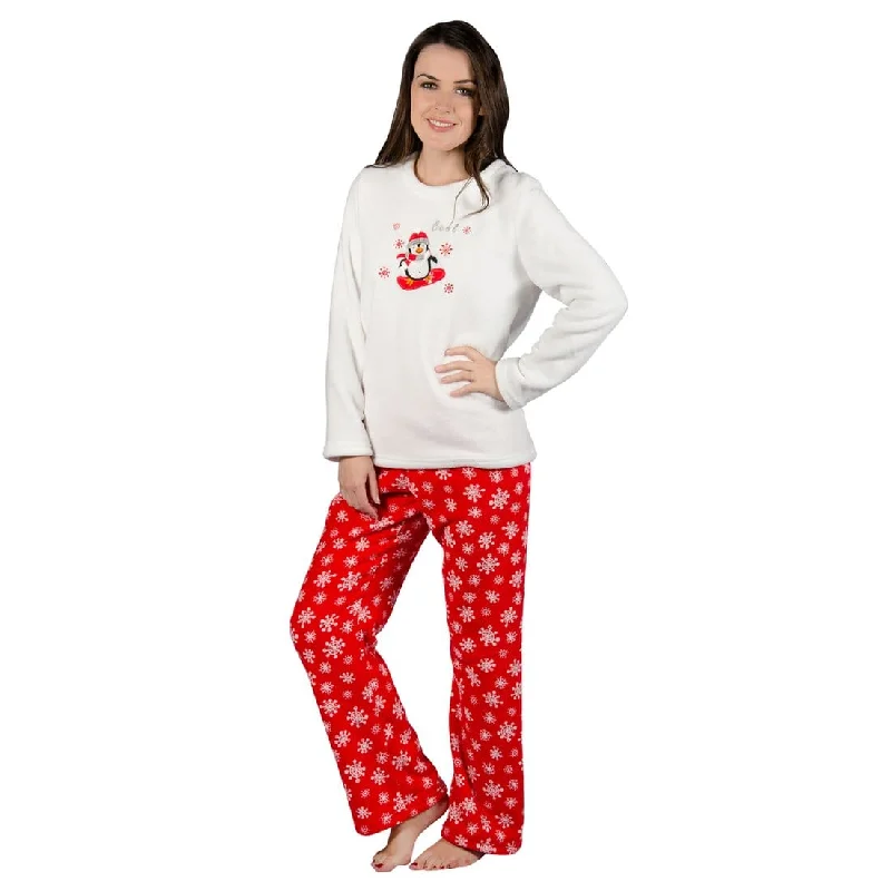 Womens Chilly Penguin Animal Fleece Pyjama Pjs Set (Red)