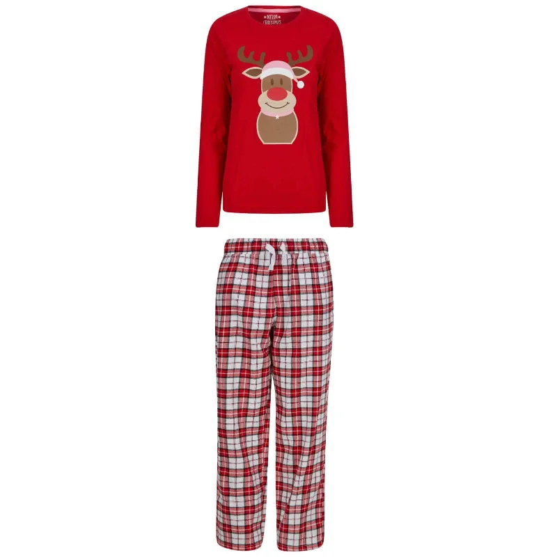 Womens Christmas Pyjama Set Rudolph Print/Check Bottoms