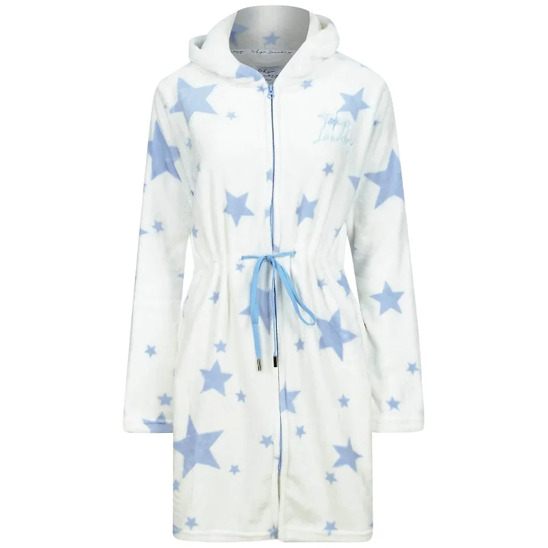 Womens Dressing Gown With Hood Zip Front Fleece Robe Stars