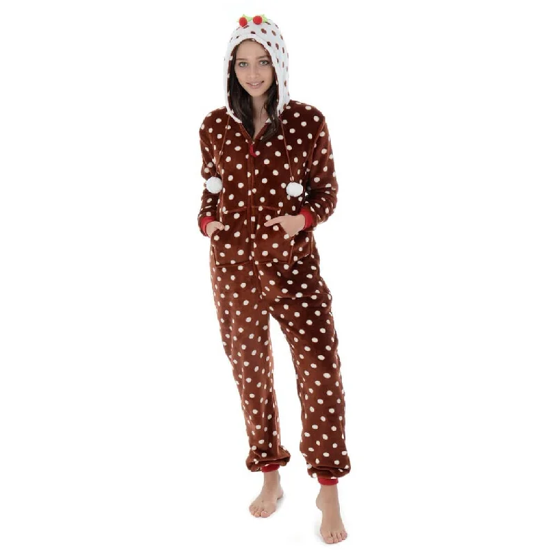 Womens Fleece Christmas All In One Pyjamas Xmas Pudding Hood