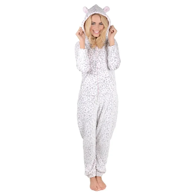 Womens Hooded Embossed Fleece Leopard All In One Pyjamas